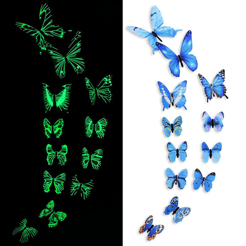 12pcs Luminous Butterfly Wall Decals, Contemporary Style 3D Glow in the Dark Stickers, Reusable High-Glossy Plastic Animal Theme Irregular Shape for Living Room Bedroom Home Decor, Butterfly Decorations