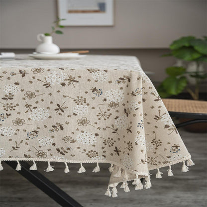 1pc Dandelion Beige Tassel Tablecloth, Bohemian Chic Farmhouse Style Retro Tablecloth, Suitable For Kitchen Dining, Buffet Table, Holiday Dinner, Party, Banquet, Restaurant, Wedding, Home Decor