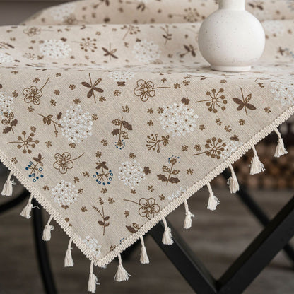 1pc Dandelion Beige Tassel Tablecloth, Bohemian Chic Farmhouse Style Retro Tablecloth, Suitable For Kitchen Dining, Buffet Table, Holiday Dinner, Party, Banquet, Restaurant, Wedding, Home Decor