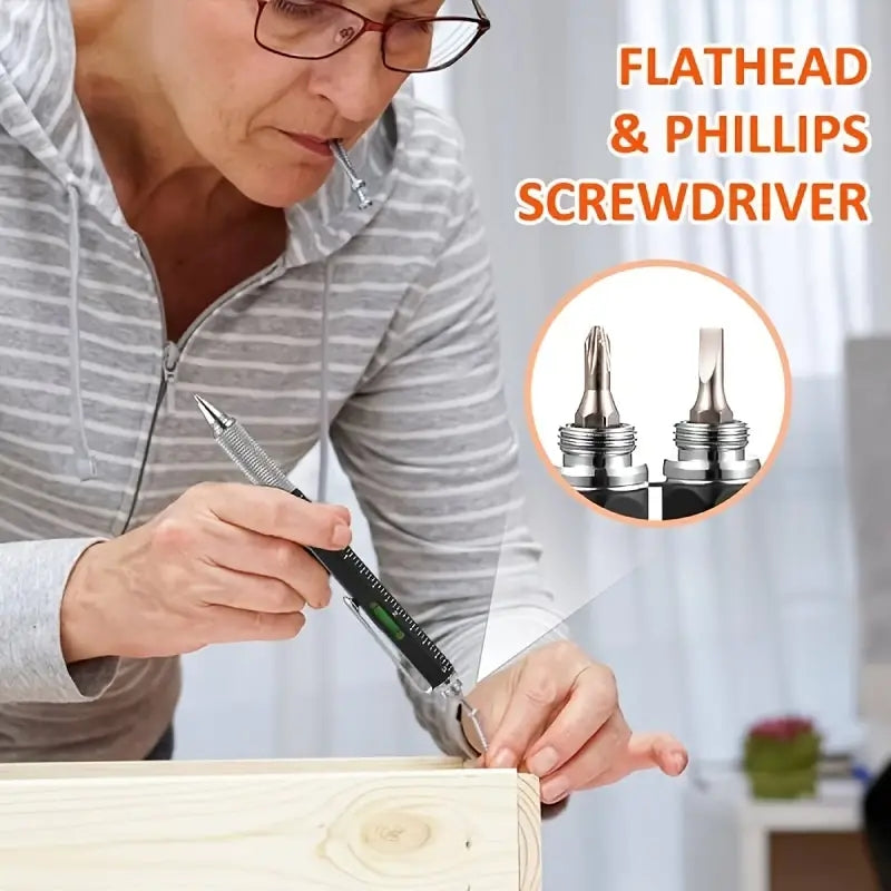 1pc, 6-in-1 Multifunctional Tool Pen Building Tools, Gift Tool Pen, Multifunctional Technology Pen with 1.0mm Black Round Ballpoint Pen, Ruler, Handwriting Pen, Level, Screwdriver, Pen Tool Gadget Pen Gift for Men Christmas G