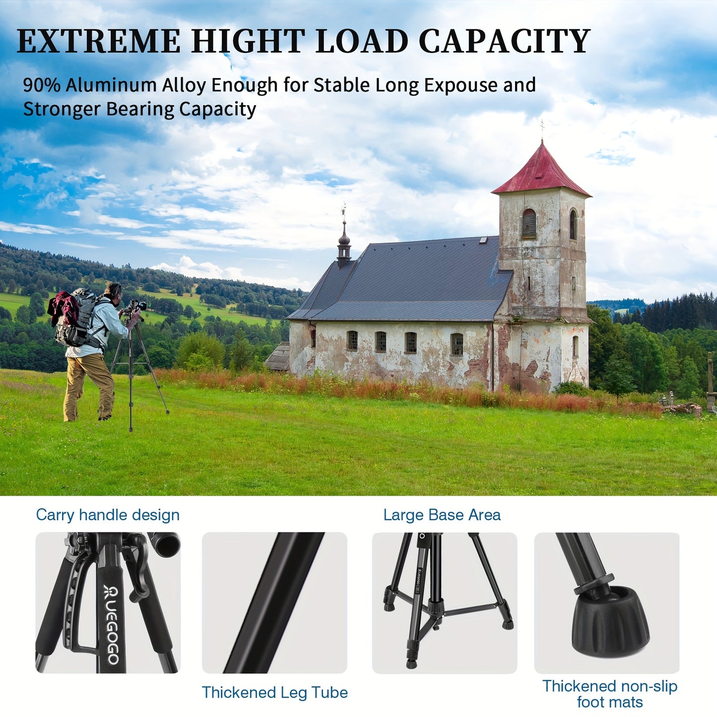 1pc UEGOGO 60-Inch Professional Aluminum Alloy Tripod Stand with Gimbal Head, Lightweight for Mirrorless Camera/DSLR/Camcorder/Cell Phone, Includes Storage Bag & Phone Clip