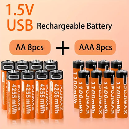 Pacote combinado de pilhas de lítio recarregáveis ​​​​PUJIMAX AA4255mWh + AAA1100mAh, 1,5V, 2+2/4+4/8+8 unidades, compatíveis com 90% dos dispositivos eletrónicos, duráveis ​​e de longa duração, com baixo consumo de energia.