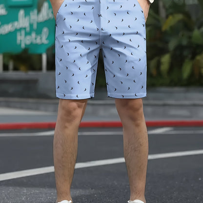 Calça social slim fit para homem para o verão, com estampado digital 3D, detalhe de botão, tecido sem elasticidade - Azul claro, cintura com botões, corte confortável para looks casuais, estilo descontraído, detalhe de botão elegante, roupa durável.