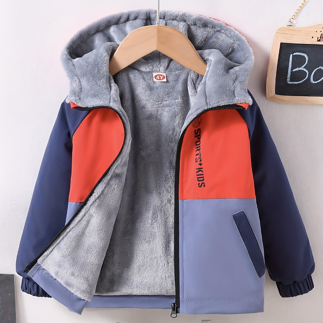 Boys' Casual Hooded Windbreaker Jacket, 100% Polyester, Long Sleeve Raglan Zip-Up Outdoor Coat with Alphabet Pattern, Non-Stretch Fabric, Regular Fit for Fall/Winter - Warm & Windproof