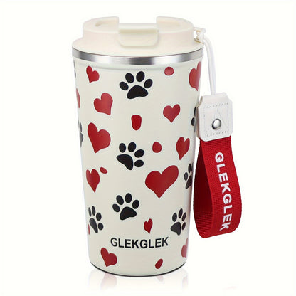 Glekglek 510ml Insulated Travel Mug with Paw Print &amp; Heart Design - Double Wall, Dent Prevention, Dishwasher Safe, Portable Coffee Mug for Valentine's Day, Thanksgiving, Christmas, Father's Day, Teacher's Day, Festive Drinks