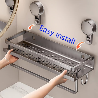 1pc Rustproof Wall Mount Shower Caddy with Suction Cups - Heavy-Duty Polished Finish Floating Shelf with Towel Hooks, Space-Saving Bathroom Organizer for Shampoo, Soap, and Accessories, Bathroom Organizers And Storage, Bathro