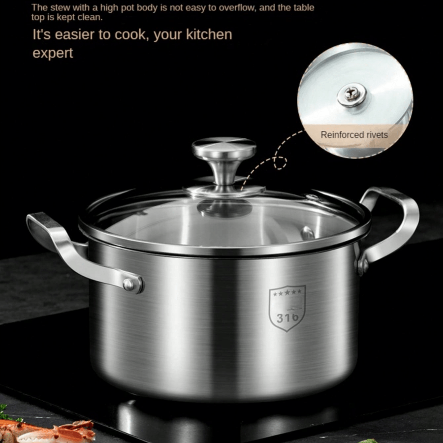 Premium Stainless Steel Soup Pot with Lid - Induction Compatible, Thickened Double-Handle Design for Home Cooking, Steaming, and Soup Preparation - Perfect for Outdoor Camping, Uncharged Power Source, Camping Cookware|Sleek C