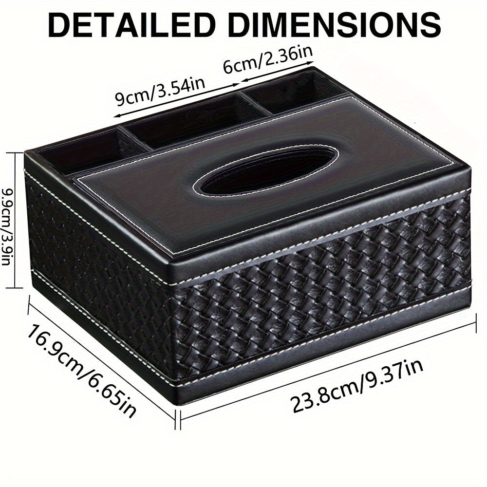 LDQ Multi-Functional Faux Leather Tissue&Storage Box with 4 Compartments Includes Remote Control&Household Napkin Storage, Wipe-Clean in Seconds, Ideal for Living Room, Study&Café Countertops Perfect for Home Supplies Back t