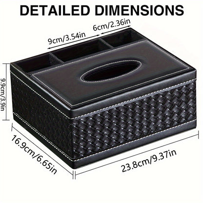 LDQ Multi-Functional Faux Leather Tissue&Storage Box with 4 Compartments Includes Remote Control&Household Napkin Storage, Wipe-Clean in Seconds, Ideal for Living Room, Study&Café Countertops Perfect for Home Supplies Back t