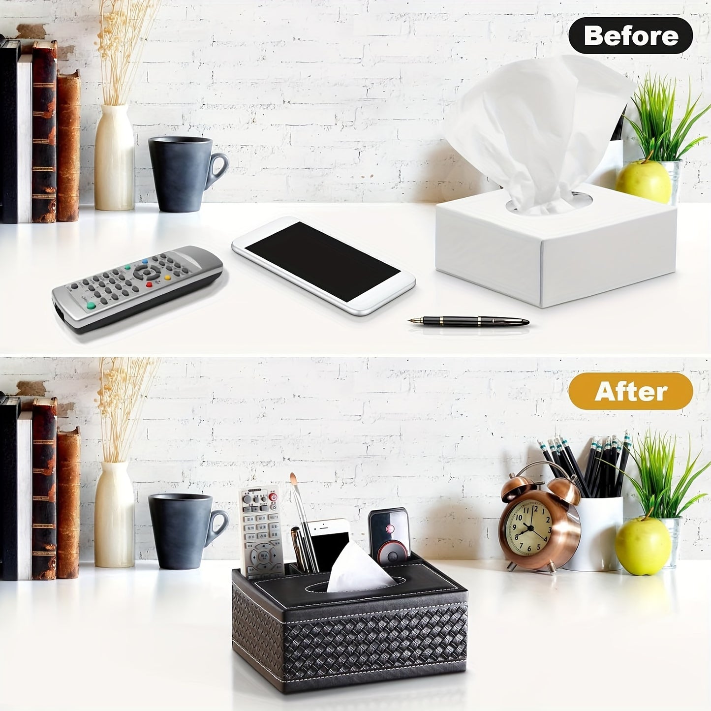 LDQ Multi-Functional Faux Leather Tissue&Storage Box with 4 Compartments Includes Remote Control&Household Napkin Storage, Wipe-Clean in Seconds, Ideal for Living Room, Study&Café Countertops Perfect for Home Supplies Back t