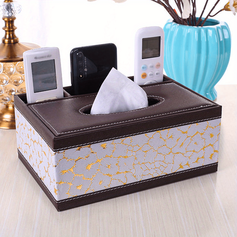 LDQ Multi-Functional Faux Leather Tissue&Storage Box with 4 Compartments Includes Remote Control&Household Napkin Storage, Wipe-Clean in Seconds, Ideal for Living Room, Study&Café Countertops Perfect for Home Supplies Back t