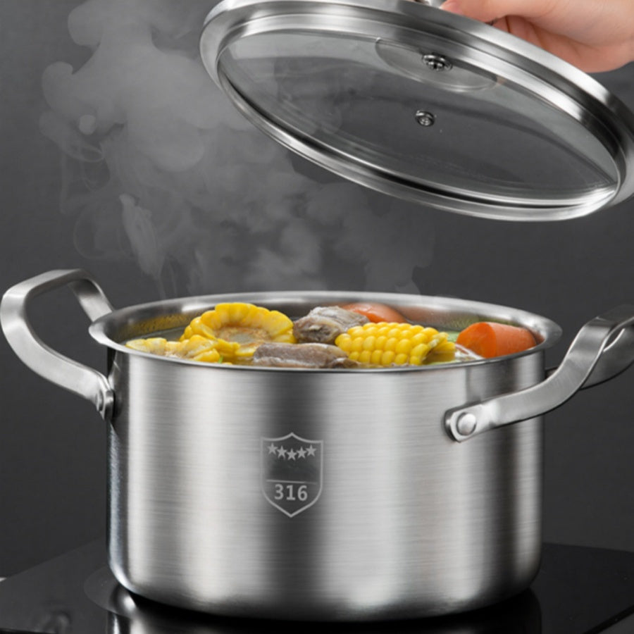 Premium Stainless Steel Soup Pot with Lid - Induction Compatible, Thickened Double-Handle Design for Home Cooking, Steaming, and Soup Preparation - Perfect for Outdoor Camping, Uncharged Power Source, Camping Cookware|Sleek C