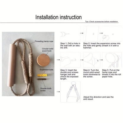 1pc LDQ Hemp Rope Paper Towel Holder, Solid Wood Rope Weaving, Fragrance-Free Fabric Towel Storage Rack, Creative No-Punch Wall-Mounted Roll Paper Holder