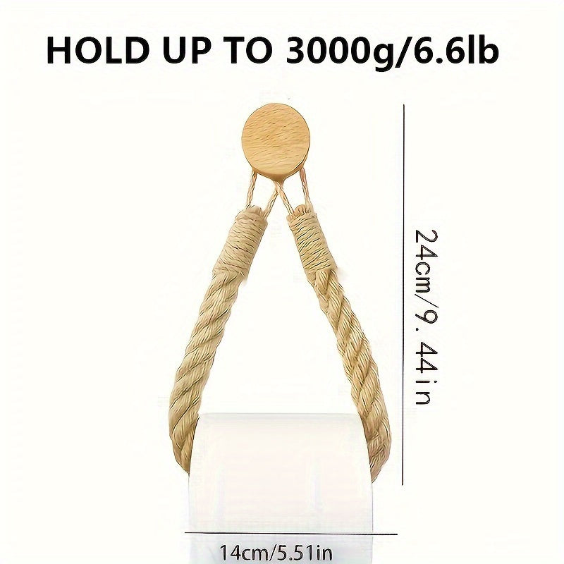 1pc LDQ Hemp Rope Paper Towel Holder, Solid Wood Rope Weaving, Fragrance-Free Fabric Towel Storage Rack, Creative No-Punch Wall-Mounted Roll Paper Holder