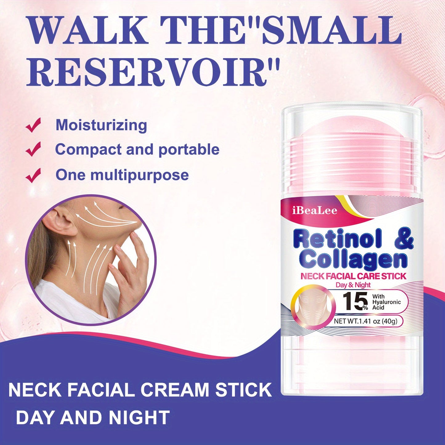 Stick Refirmante para o Pescoço com Retinol e Colagénio: Hidratante Facial com Complexo de Retinol e Colagénio 5% - Redutor de Papada - Creme de Dia e Noite - Creme Facial Refirmante e Hidratante, 40g/1,41oz