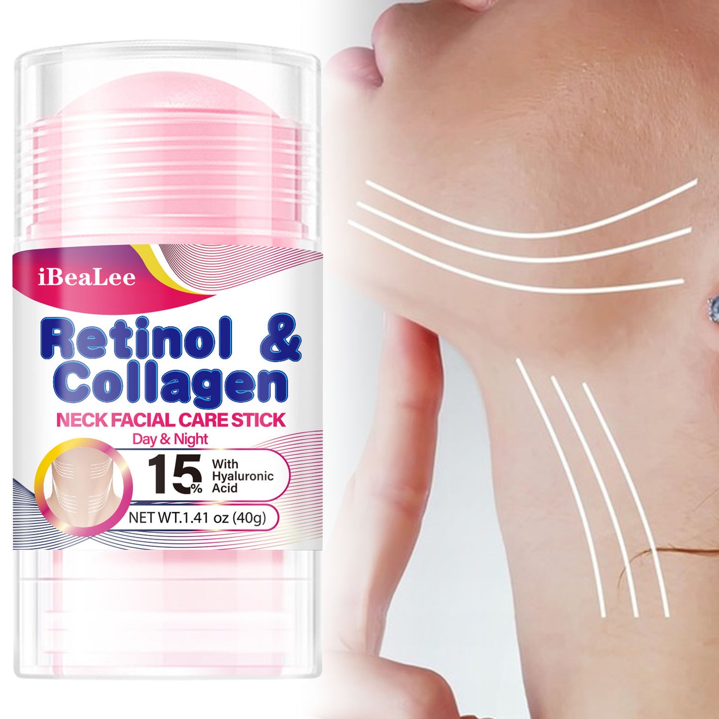 Stick Refirmante para o Pescoço com Retinol e Colagénio: Hidratante Facial com Complexo de Retinol e Colagénio 5% - Redutor de Papada - Creme de Dia e Noite - Creme Facial Refirmante e Hidratante, 40g/1,41oz