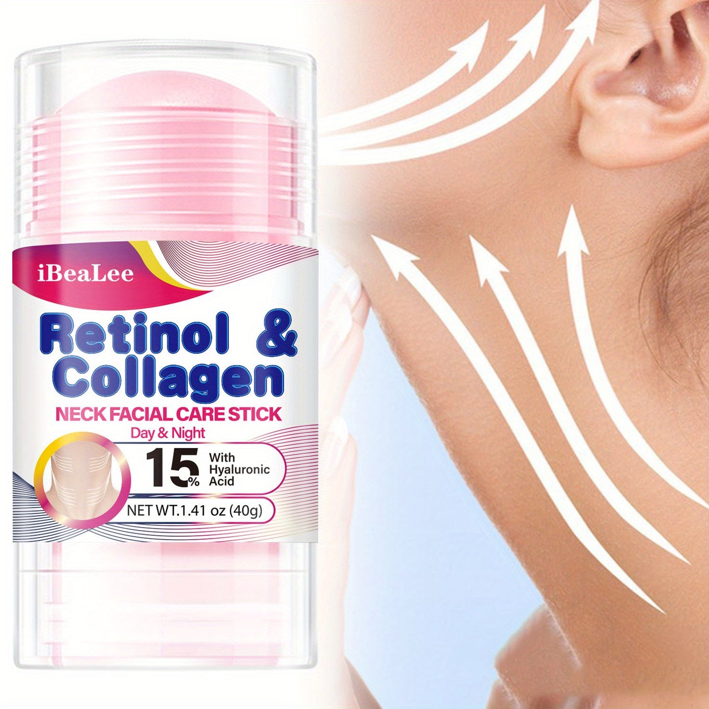 Stick Refirmante para o Pescoço com Retinol e Colagénio: Hidratante Facial com Complexo de Retinol e Colagénio 5% - Redutor de Papada - Creme de Dia e Noite - Creme Facial Refirmante e Hidratante, 40g/1,41oz