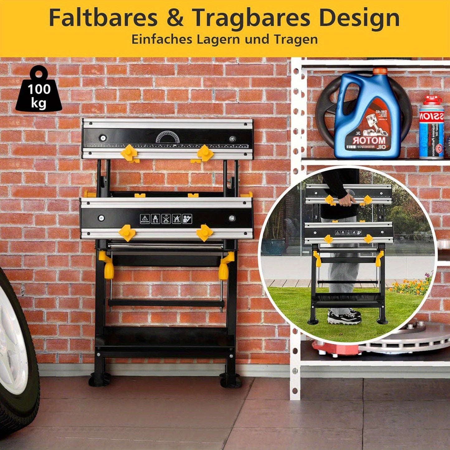 Heavy-Duty Folding Workbench with Adjustable Height & Tilting Platform, 7-Step Height Adjustment, Quick-Release Foot Pedal, Extendable Table Top (30-48cm), 8 Sliding Non-Damaging Clamps, Protractor & Ruler, Metal Frame for Wo