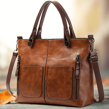 Vintage-Style Large Capacity Tote Bag for Women - Brown Shoulder & Crossbody Purse with Multiple Compartments, Adjustable Strap, and Zipper Closure, Secure Travel Bag | Elegant Accessory | Functional Zipper Pockets