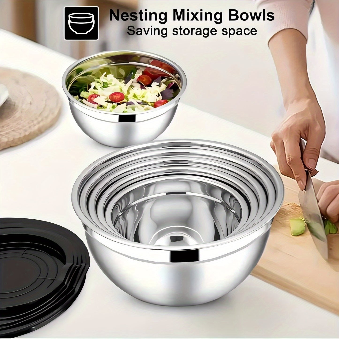 17pcs Stainless Steel Mixing Bowl Set with Sealing Lids & Grater - Non-Slip, Rust-Resistant Kitchen Gadgets for Salads & More - Includes 7QT to 1QT Sizes
