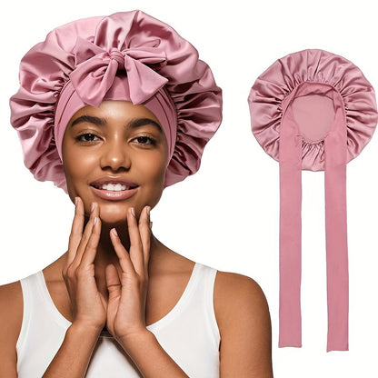 Luxurious Pink Satin Sleep Cap for Women - Adjustable, Silk-Like Night Hat with Bowknot, Ideal for Curly Hair, Nylon-Polyamide Blend, Fragrance-Free - Perfect Gift for Ladies