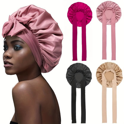Luxurious Pink Satin Sleep Cap for Women - Adjustable, Silk-Like Night Hat with Bowknot, Ideal for Curly Hair, Nylon-Polyamide Blend, Fragrance-Free - Perfect Gift for Ladies