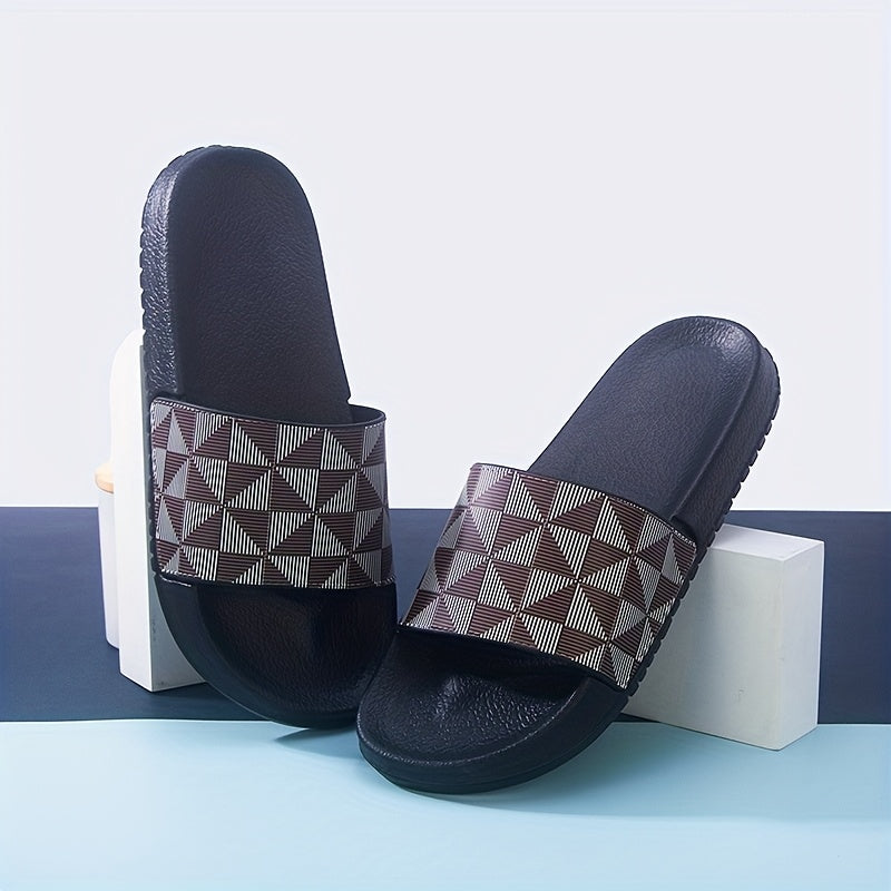 Men's Summer Slide Sandals - Non-Slip Soft Sole Casual Slippers with Geometric Pattern, Black & Gray, Comfortable for Indoor & Outdoor Use