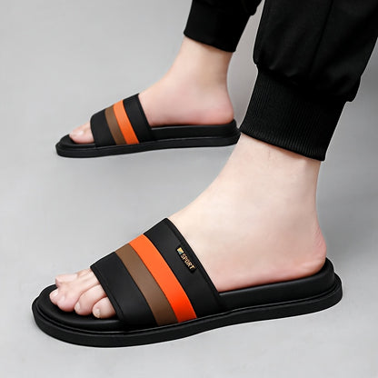 Men's Casual Slip-On Slippers - Breathable Synthetic & Rubber Sole, Lightweight Comfortable Indoor/Outdoor House Shoes with Random Pattern Design, House Slippers