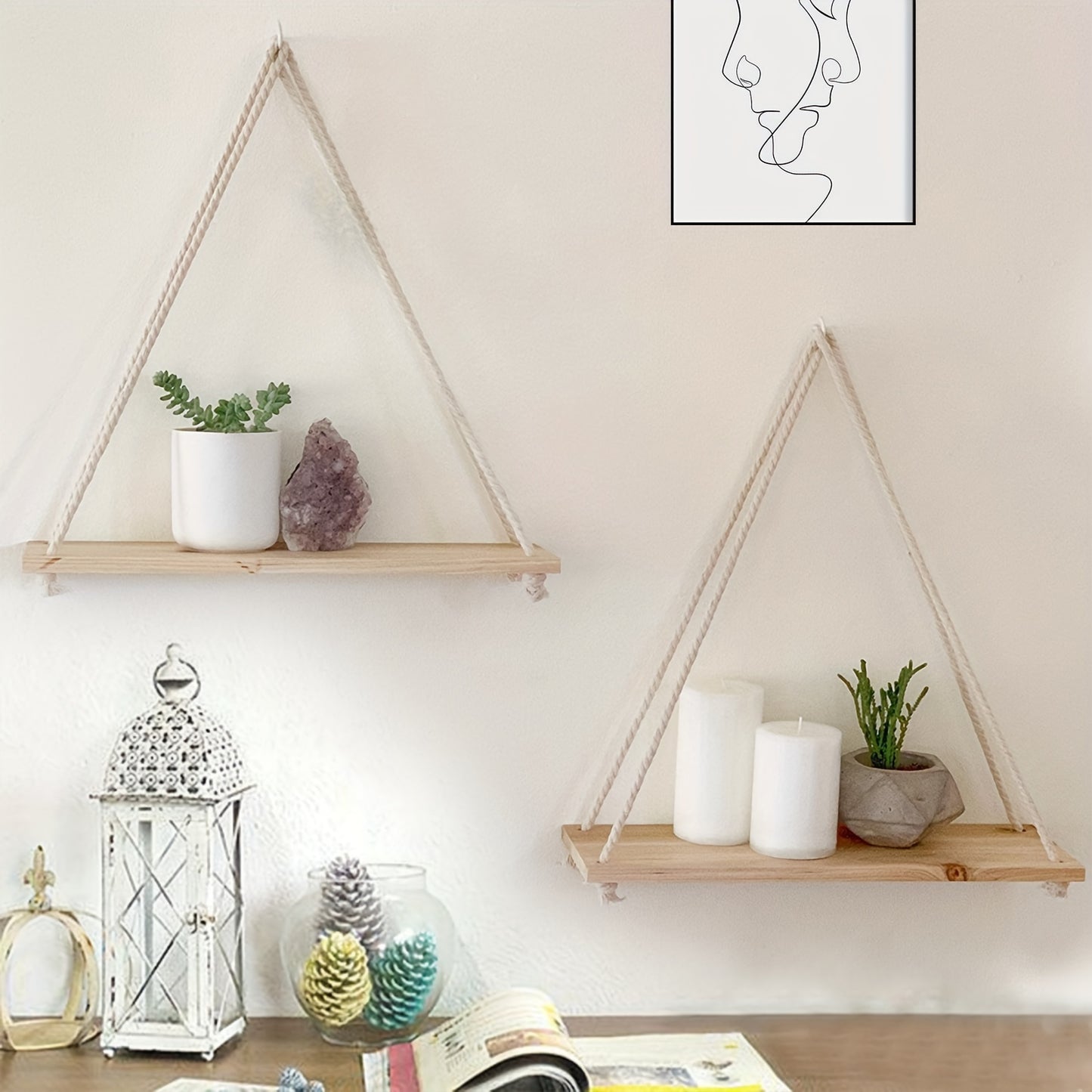 2pcs Boho Decor Hanging Shelf, Storage Display Shelves For Hanging Plants Photos, Rustic Wood Floating Shelves For Nursery Bedroom Bathroom Living Room, wall decor