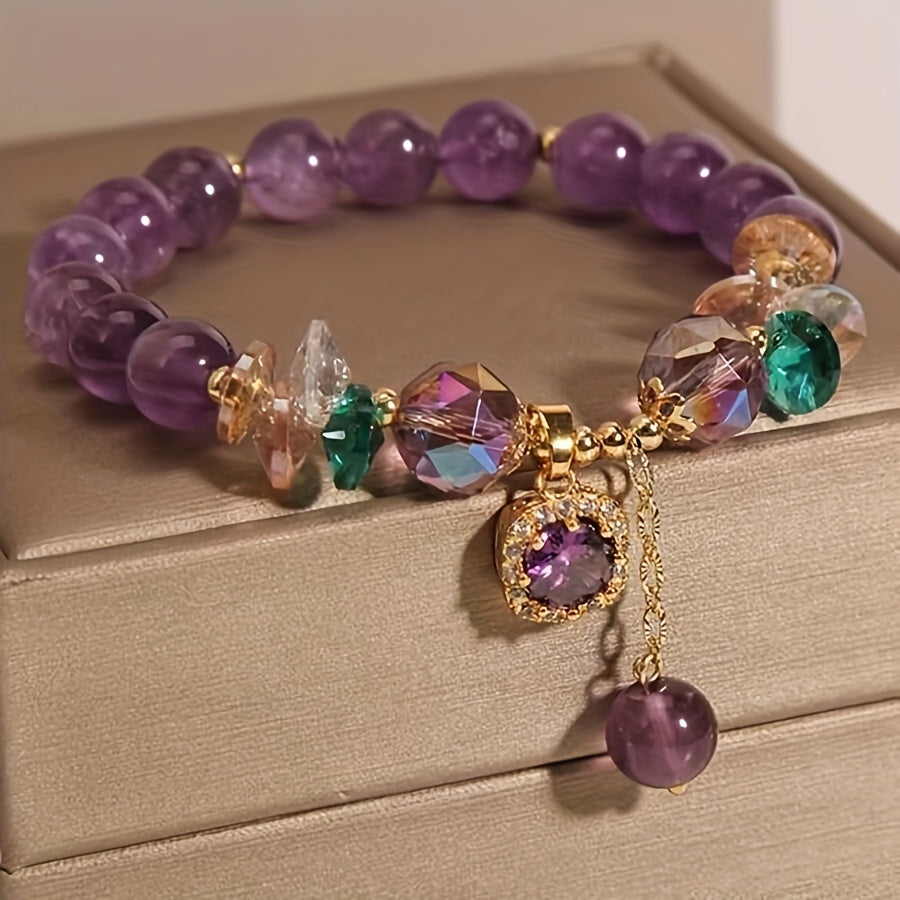 Classic Amethyst Bead Bracelet Featuring Cubic Zirconia, Non-Coated Fashion Jewelry for Women - Perfect for Everyday Use And Gifting