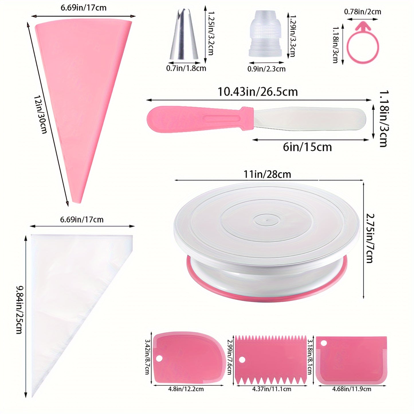 76pcs Stainless Steel Piping Nozzles Cake Turntable Set, 12 Nozzles, 1 Turntable, 2 Reusable Piping Bags, 50 Disposable Piping Bags, 4 Silicone Rings, 2 Converters, 2 Icing Spatulas, 3 Icing Scrapers, Cake Decorating, Nozzles