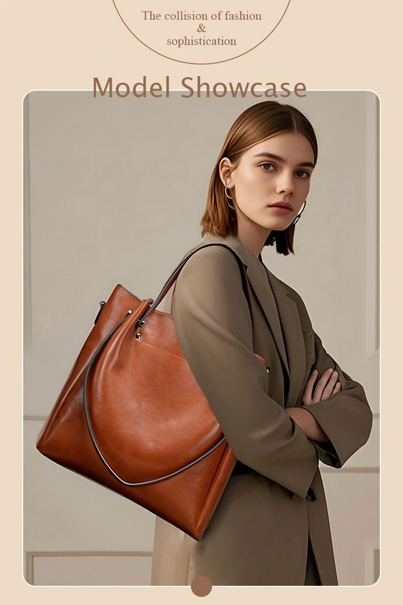 Women'S Genuine Leather Tote & Crossbody - Elegant Minimalist Hand with Golden-Tone Hardware, Zipper Closure, Golden-Tone Hardware &, Sturdy Base For Everyday & Formal Use, Versatile Accessory, Sleek Design, Durable Construct