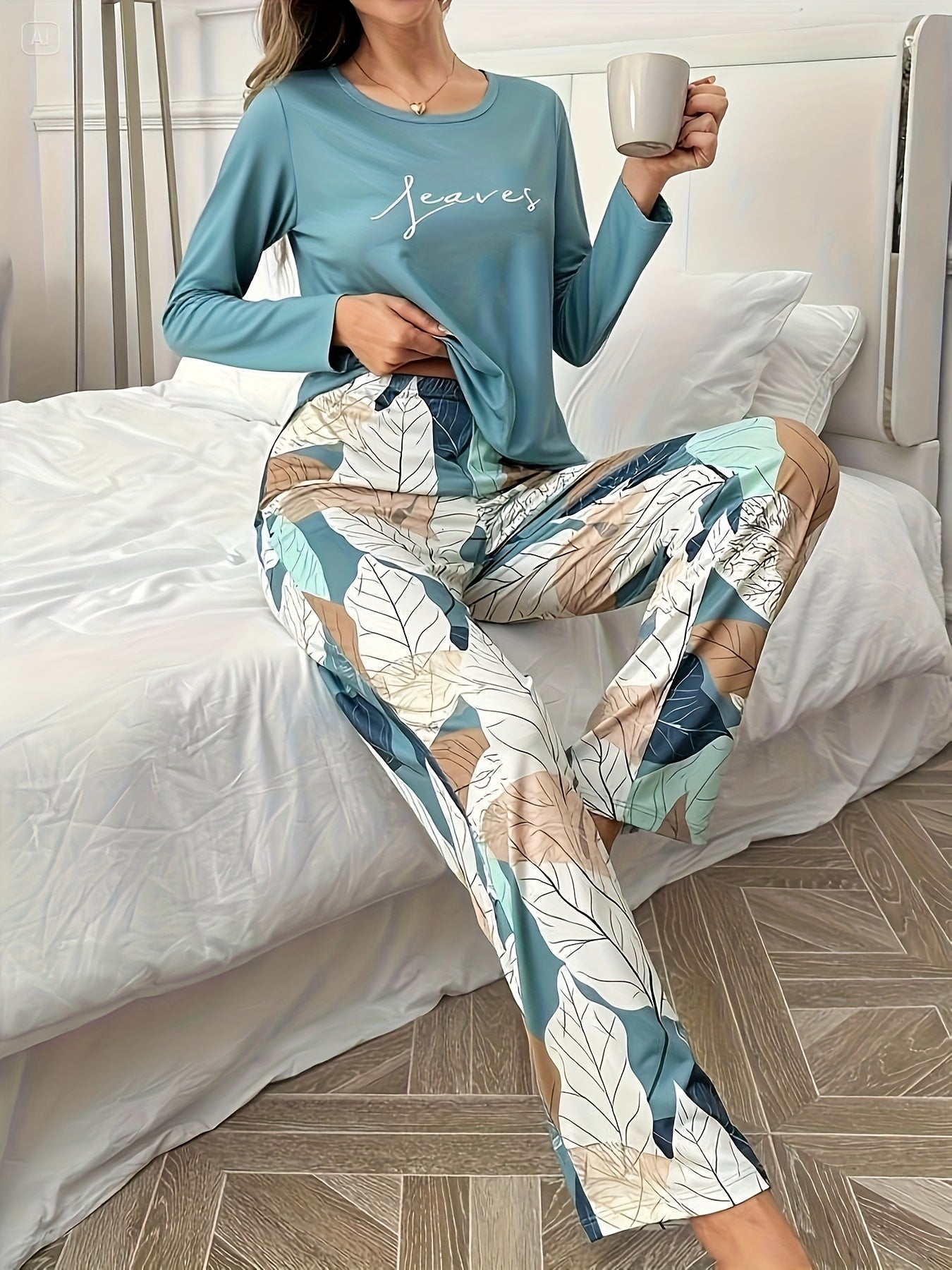 Autumn and Winter Women's Casual Versatile Elegant Letter Print Round Neck Long Sleeve Top and Pants Floral Printed Pajama Set