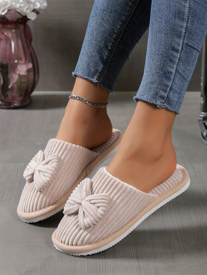 Cute Bowknot Soft Sole Fuzzy Slippers, Winter Cozy &amp; Warm Slip On Plush Shoes, Comfy Closed Toe Home Slippers
