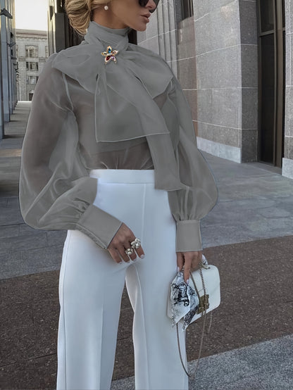 Elegant Plus Size Women'S Blouse with Sexy Bow Collar, Bubble Sleeves, and Pearl Accents - Chic Solid Color Non-Stretch Fabric for All Seasons, Plus Size Blouses