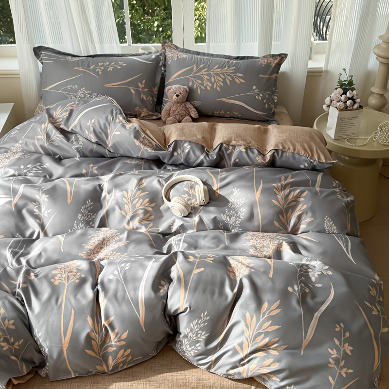 4pcs Soft & Comfortable Plant Print Bedding Set, Duvet Cover, Flat Sheet & 2 Pillowcases (No Fillers), All-Season Polyester with Zipper Closure, Machine Washable, Breathable & Fade-Proof Fabric, Perfect for Bedroom Dorm Guest