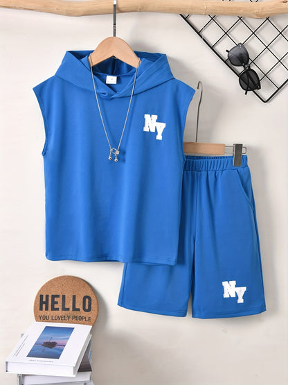 Cool Short-Sleeve T-Shirt with Letter Print And Shorts Set for Boys, for Outdoor