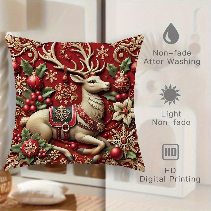4pcs Festive Velvet Throw Pillow Covers, Christmas Santa, Reindeer, Snowman, and Tree Designs, Soft Comfortable Cushion Cases for Home Sofa and Bed Decor, Contemporary Style, Zippered Linen Fabric, Machine Washable