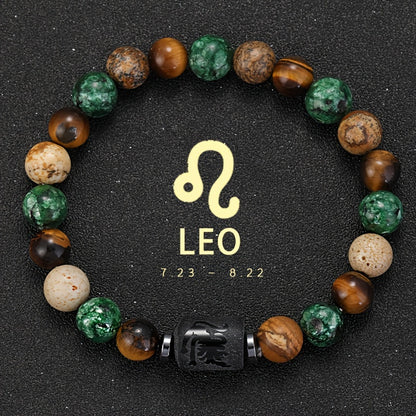 1pc PINAINICE 12 Zodiac Natural Stone Bead Bracelet - Elastic Stretch Fit, Marbled Earthy Tones with Golden Accents, Unisex Astrology Gift for Men & Women, Daily Wear & Special Occasions, Zodiac Bracelet, Casual Jewelry, Zodi