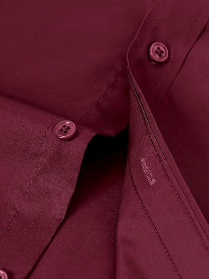 Camisola de homem de manga comprida com corte slim - 55% algodão, 40% poliéster, 5% elastano, cor lisa, para todas as estações, tecido plano, fecho com botões, gola de lapela, ideal para o fim de semana, 125 g/m²