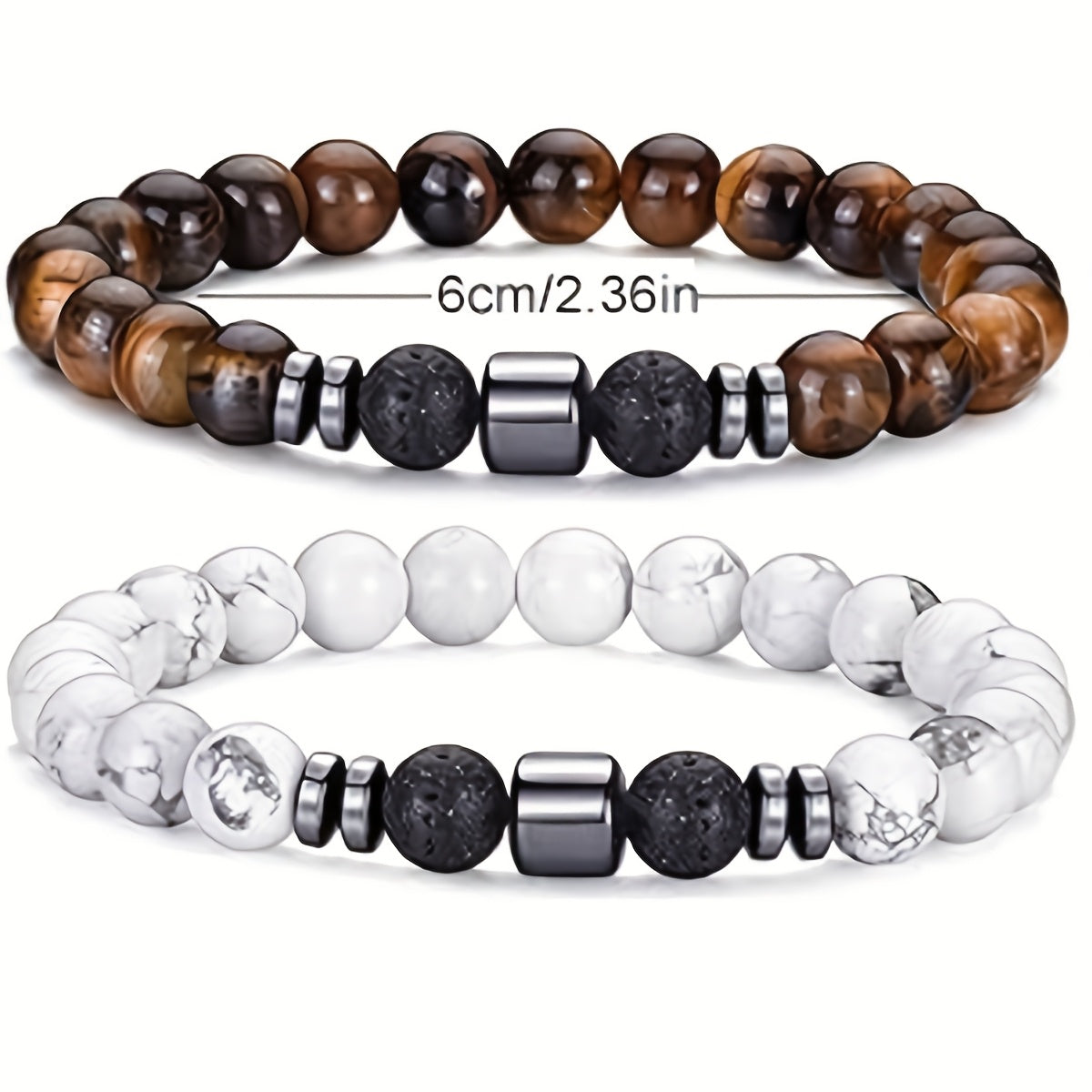 4pcs Men's Beaded Bracelet, Neutral Tiger Eye White Turquoise Spacer Handmade Beaded Elastic Bracelet, Daily Wear and Gift for Men and Women Couples