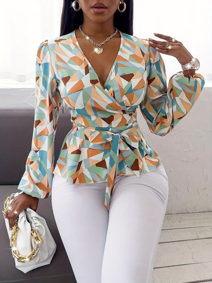 Chic Geometric Print Blouse with Tie Waist - Deep V-Neck, Long Sleeve, Polyester, Machine Washable - Ideal for Spring/Summer/Fall Fashion