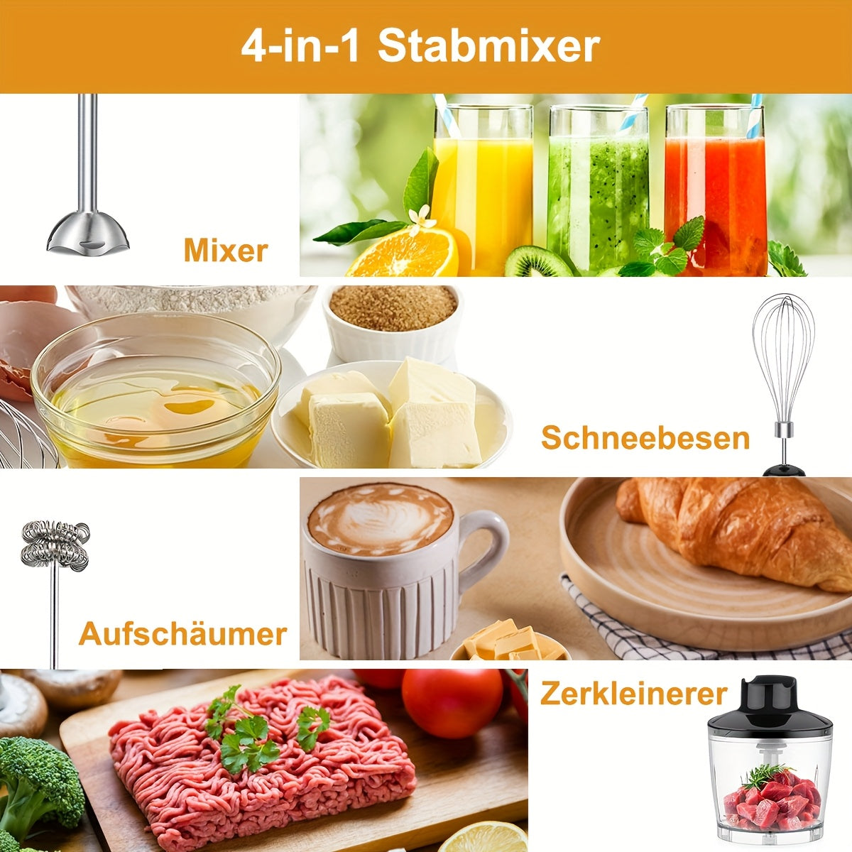 6in 1 Handheld Immersion Blender - Stainless Steel Stick Blender with 5 Speed, Chopper, Whisk And Milk Frother for Meat, Mashed Potatoes And Baby Food