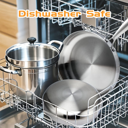 3pcs Sunfiona 316 Stainless Steel Bright Surface Frying Pan, Three-Layer Steel Material, Uncoated Frying Pan, Long-Handled Frying Pan, Wok, Suitable for A Variety Of Induction Cookers, Ovens, Fast Heating, Dishwasher Safe, Ho