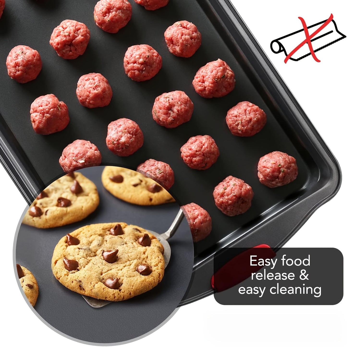 Non-stick Pan Baking Tray, with Red Silicone Handle, Kitchen Baking Plate, Heat-resistant and Non-Sticking, Home Use Baking Tray, Cake, Oven Cookie Baking, Rectangular Cookie Tray, Easy to Clean, Suitable for Cookies, Cakes a