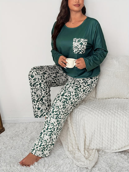 Plus Size Pocket Round Neck Long Sleeve Top and Geometric Floral Print Pants 2pcs Comfortable Casual Pajama Set