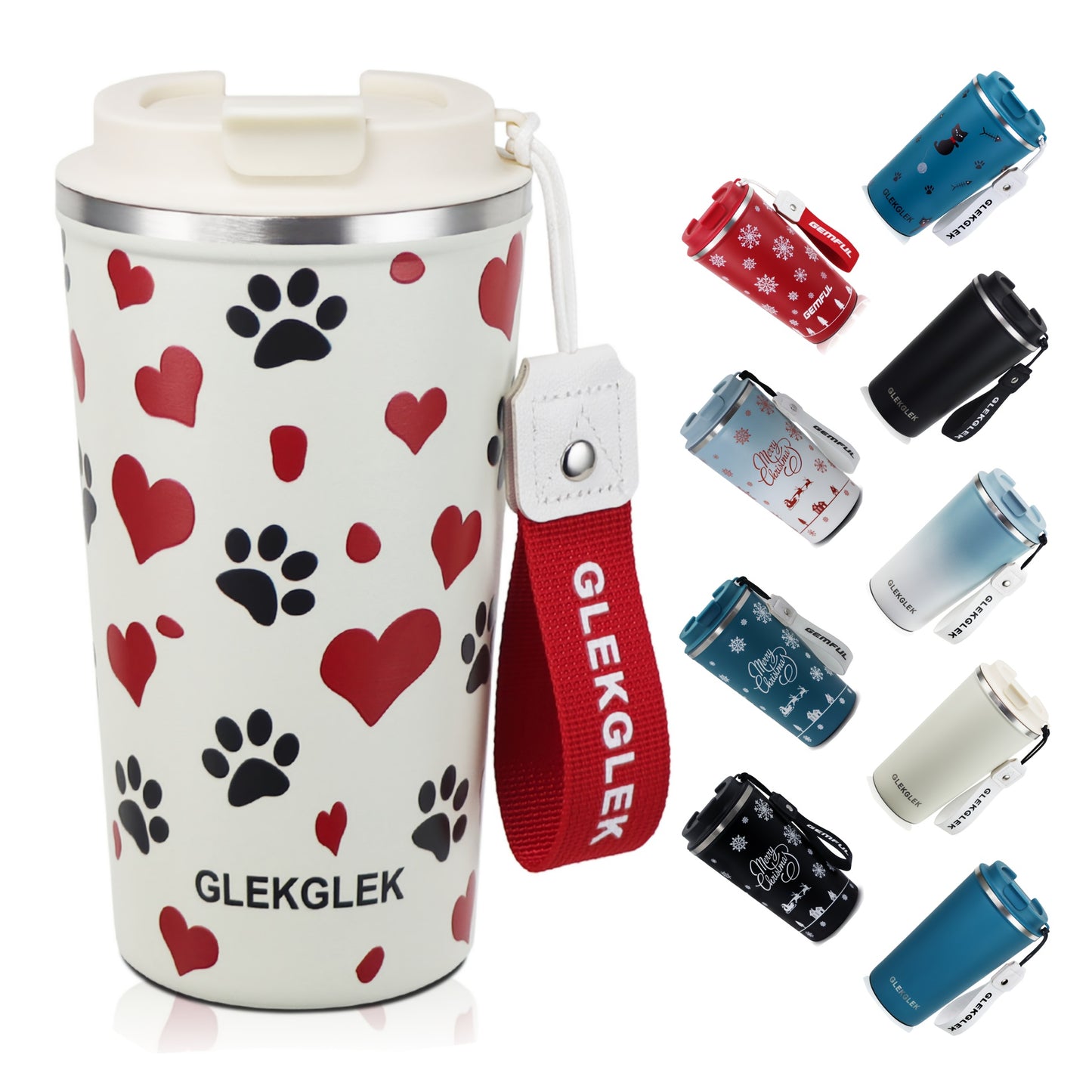 Glekglek 510ml Insulated Travel Mug with Paw Print &amp; Heart Design - Double Wall, Dent Prevention, Dishwasher Safe, Portable Coffee Mug for Valentine's Day, Thanksgiving, Christmas, Father's Day, Teacher's Day, Festive Drinks