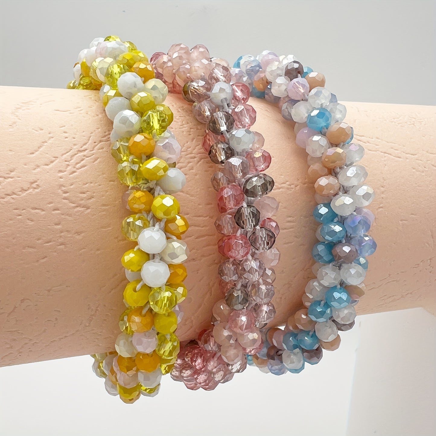 Esbbela 3pcs Bracelet Set Holiday Gift Beaded Artificial Crystal Stackable Strap Set with Elasticity Suitable for Women Men 16.51-20.32cm Daily Vacation