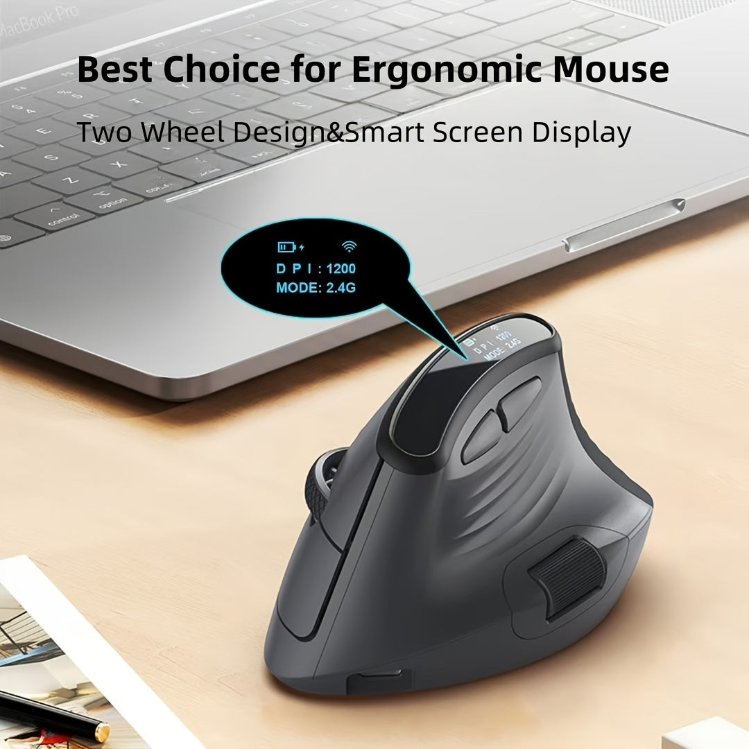 MCPIWOHY Dual Wheel Wireless Wireless Mouse, 2.4GHz, Type-C Wired Triple Mode Connection, Ergonomic Mouse with Screen Display, Rechargeable Optical Mouse