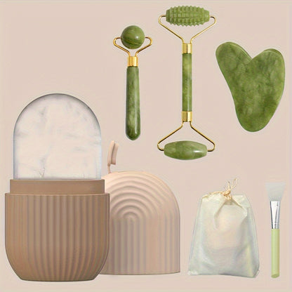 5pcs Luxurious Facial Care Kit - Rejuvenating Ice & Jade Roller, Gua Sha Tool, Soft Silicone Brush for Glowing Skin, Eye Massage, and Relaxation - Fragrance-Free, Battery-Free, Easy to Use, and Portable